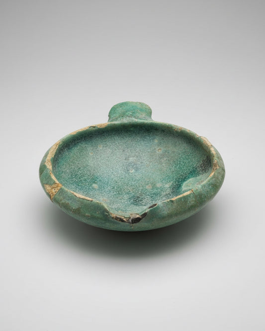 Early Islamic Open-Reservoir Oil Lamp, Turquoise Glazed Earthenware - Mesopotamia (Iraq) c. 750-900 AD