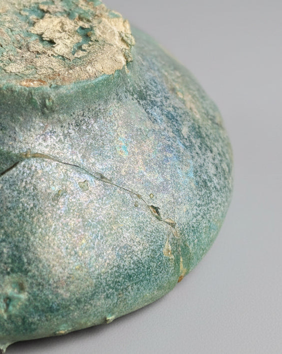 Early Islamic Open-Reservoir Oil Lamp, Turquoise Glazed Earthenware - Mesopotamia (Iraq) c. 750-900 AD