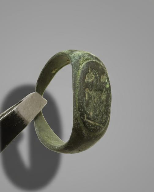Ancient Roman Bronze Signet Ring Hand-Engraved with Horse and Rider, 100-300AD. England, Roman Britain.