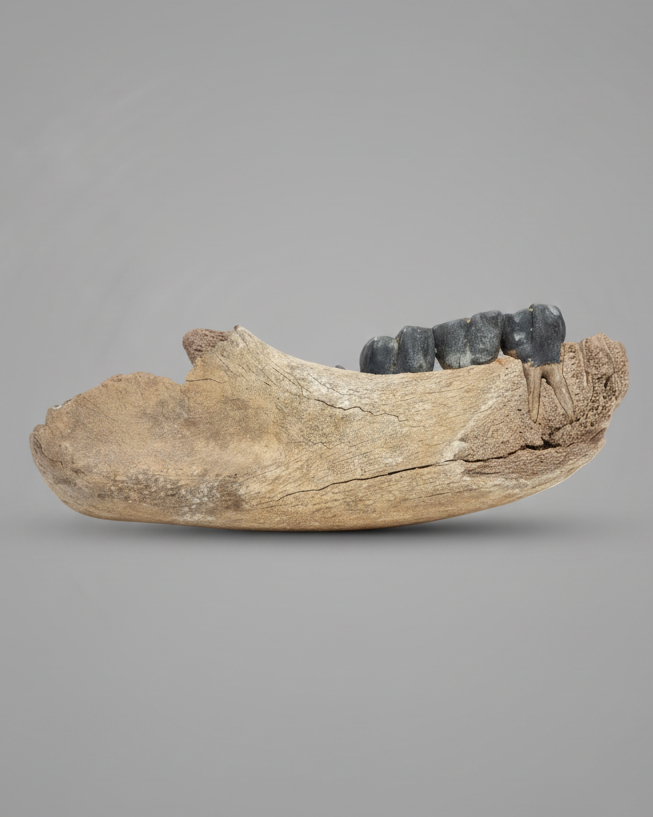 Large Coelodonta Antiquitatis (Woolly Rhinoceros) Lower Jaw with Four Rooted Teeth. Pleistocene, Darmstadt, Germany.