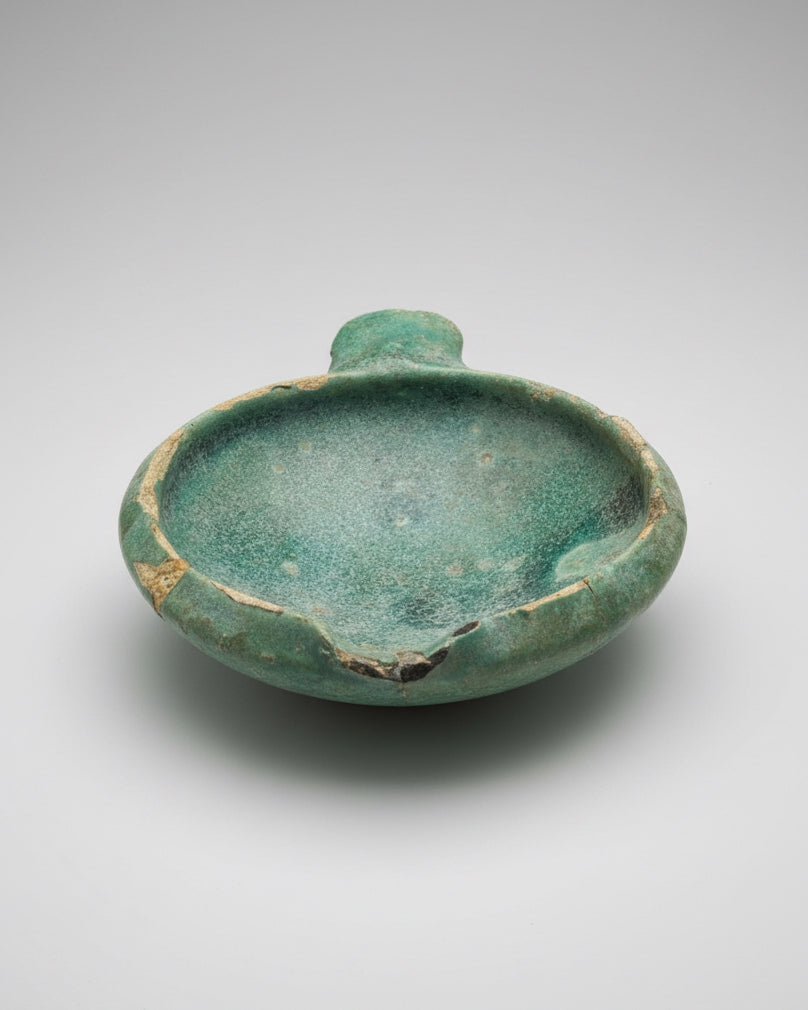 Early Islamic Open-Reservoir Oil Lamp, Turquoise Glazed Earthenware - Mesopotamia (Iraq) c. 750-900 AD