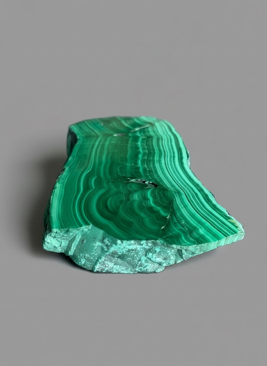 Polished Malachite Slab on black stand. Stunning natural patterns. DR Congo.