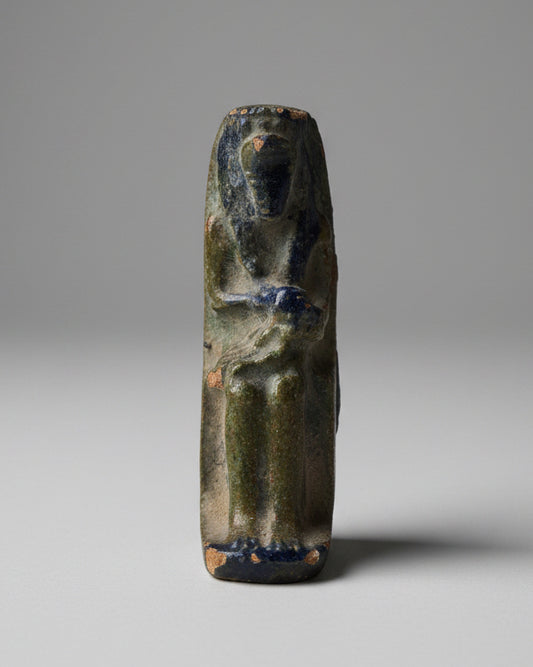 Ancient Egyptian Statuette of the Serpent Goddess Renenutet With Child (Nepri), Copper-Glazed Terracotta - Nile Valley, Egypt. Late Period-Ptolemaic Period, c.664- 30 BC