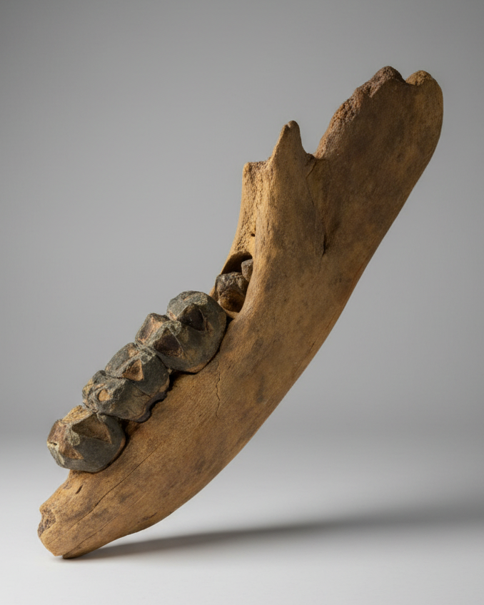 Large Coelodonta Antiquitatis (Woolly Rhinoceros) Lower Jaw with Four Rooted Teeth. Pleistocene, Darmstadt, Germany.