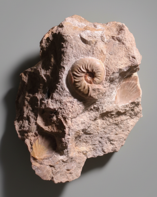 Ludwiga Ammonite with Two Pecten Bivalves on Limestone Matrix, Upper Jurassic, Burton Bradstock, Dorset, UK