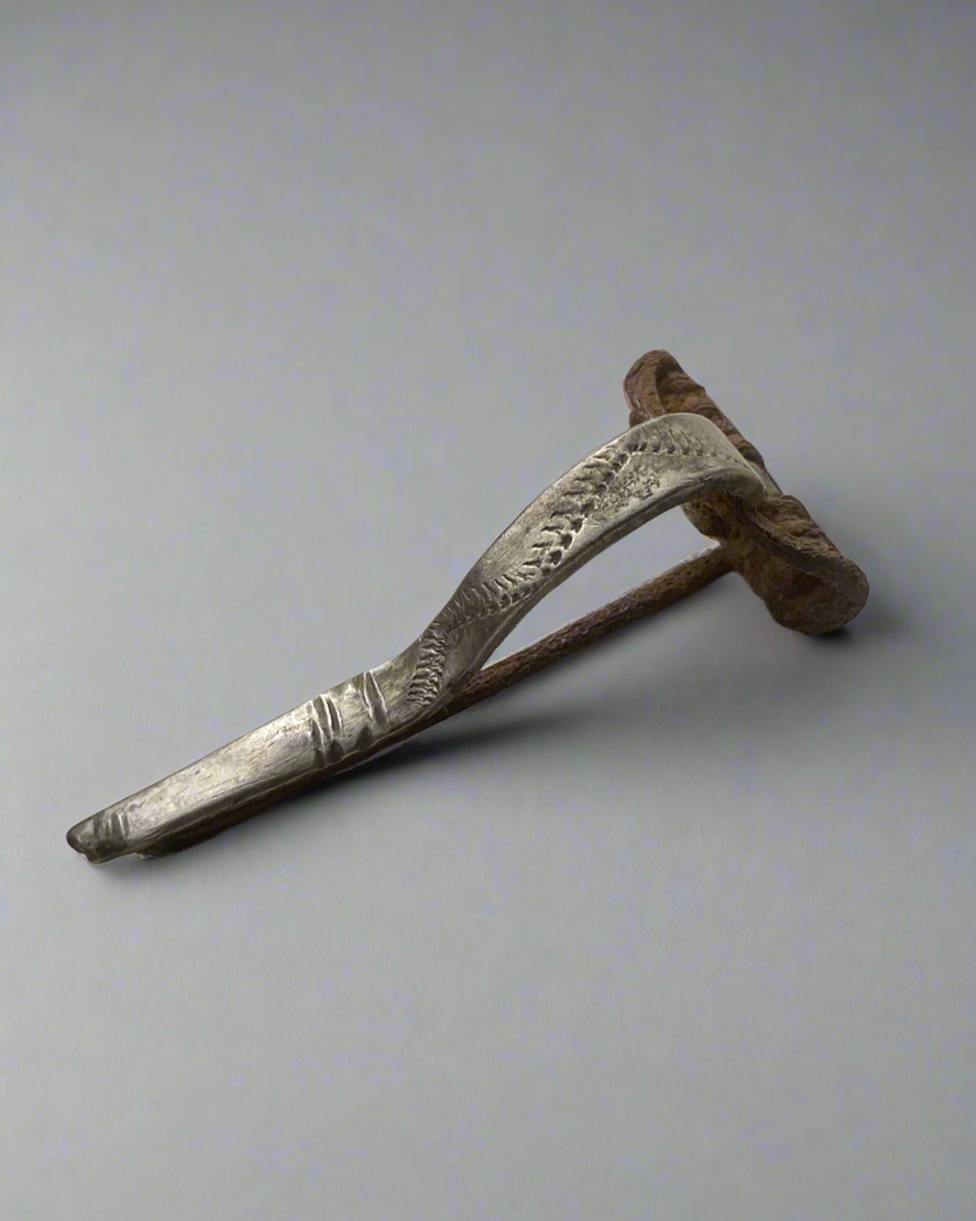 Ancient Roman Decorated Silver Bow Fibula with Original Iron pin + Spring. 250-300AD, Roman Britain