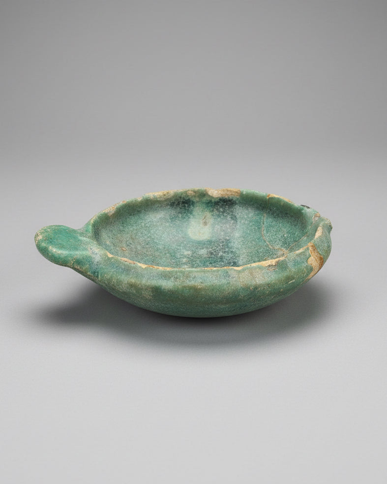 Early Islamic Open-Reservoir Oil Lamp, Turquoise Glazed Earthenware - Mesopotamia (Iraq) c. 750-900 AD