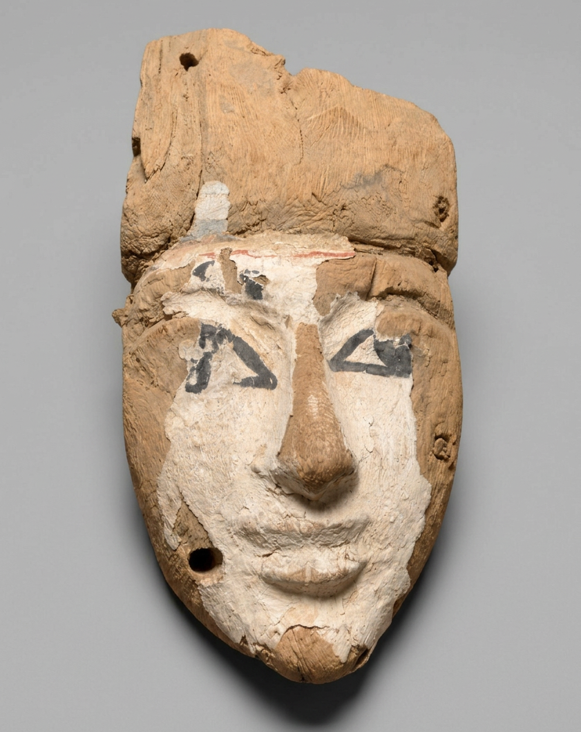 Ancient Egyptian Polychrome Wooden Sarcophagus Mask – Late Period, 26th–31st Dynasty, c. 664–332 BC