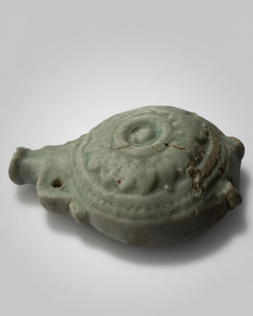 Ancient Egyptian Faience Flask Depicting Sekhmet & Lotus Flower Rosette - 26th Dynasty, c. 664–525 BC
