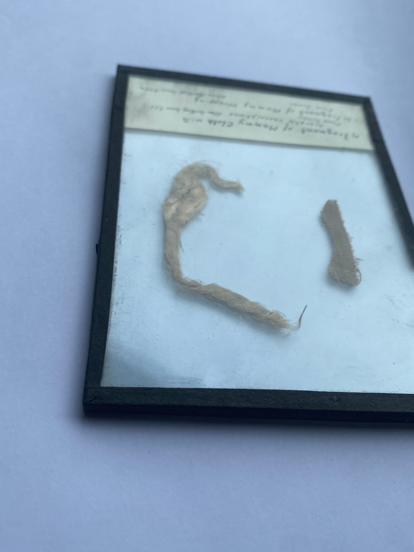 Ancient Egyptian Mummy Wrappings, one with hieratic inscriptions, with Early 20th-Century Museum Label and Glass Display - Ex Aberdeen Anthropology Museum (Former Grant Bey Coll.)
