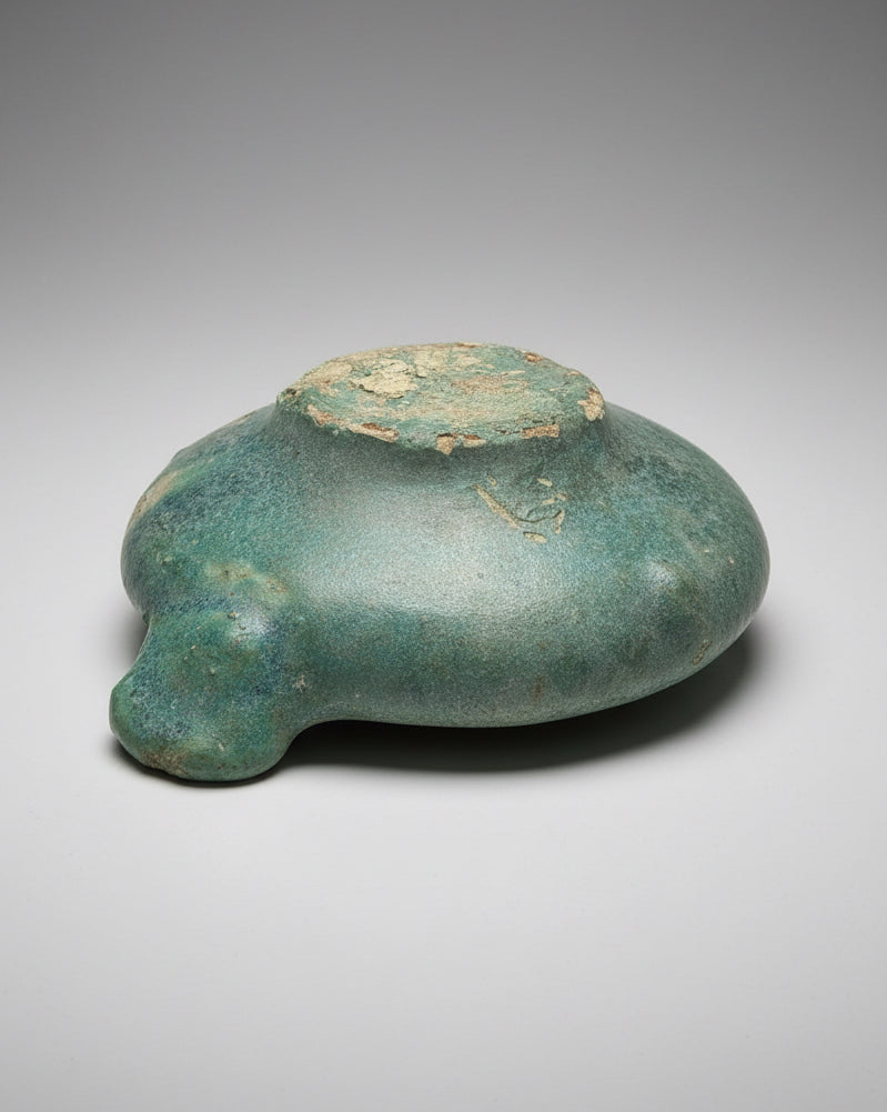 Early Islamic Open-Reservoir Oil Lamp, Turquoise Glazed Earthenware - Mesopotamia (Iraq) c. 750-900 AD