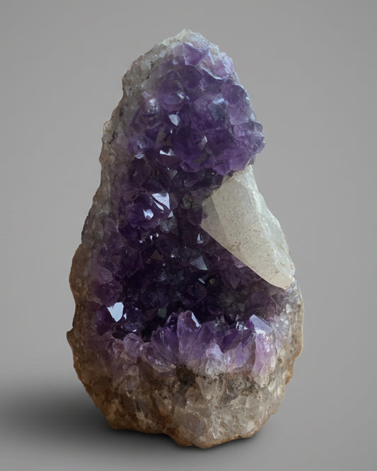 Deep Purple Amethyst Cluster With ‘Triceratops Horn’ Calcite Formation. Southern Brazil