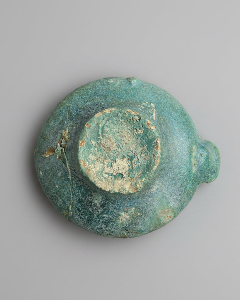 Early Islamic Open-Reservoir Oil Lamp, Turquoise Glazed Earthenware - Mesopotamia (Iraq) c. 750-900 AD