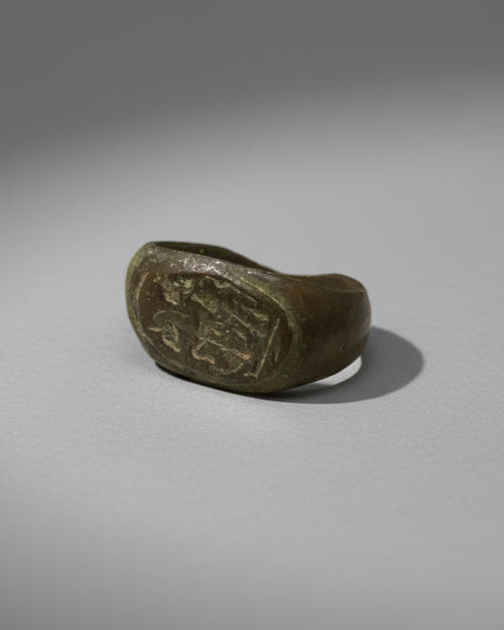 Ancient Roman Bronze Signet Ring Hand-Engraved with Horse and Rider, 100-300AD. England, Roman Britain.