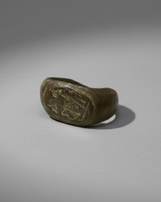 Ancient Roman Bronze Signet Ring Hand-Engraved with Horse and Rider, 100-300AD. England, Roman Britain.