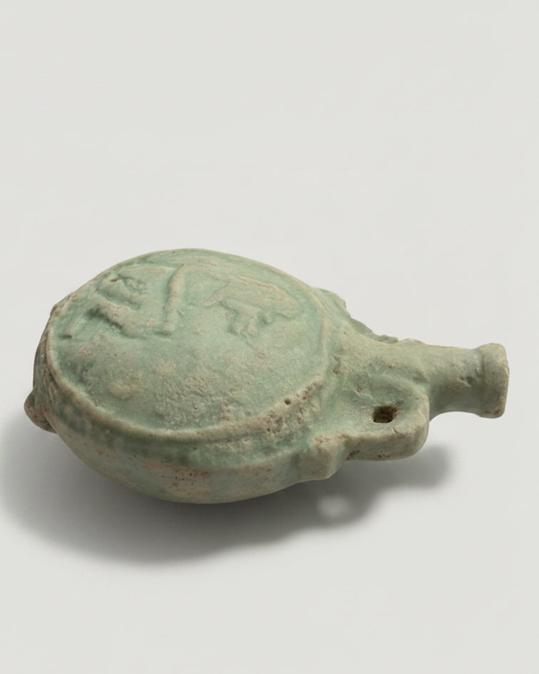Ancient Egyptian Faience Flask Depicting Sekhmet & Lotus Flower Rosette - 26th Dynasty, c. 664–525 BC