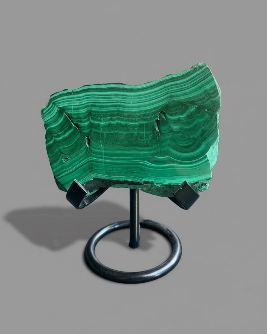 Polished Malachite Slab on black stand. Stunning natural patterns. DR Congo.