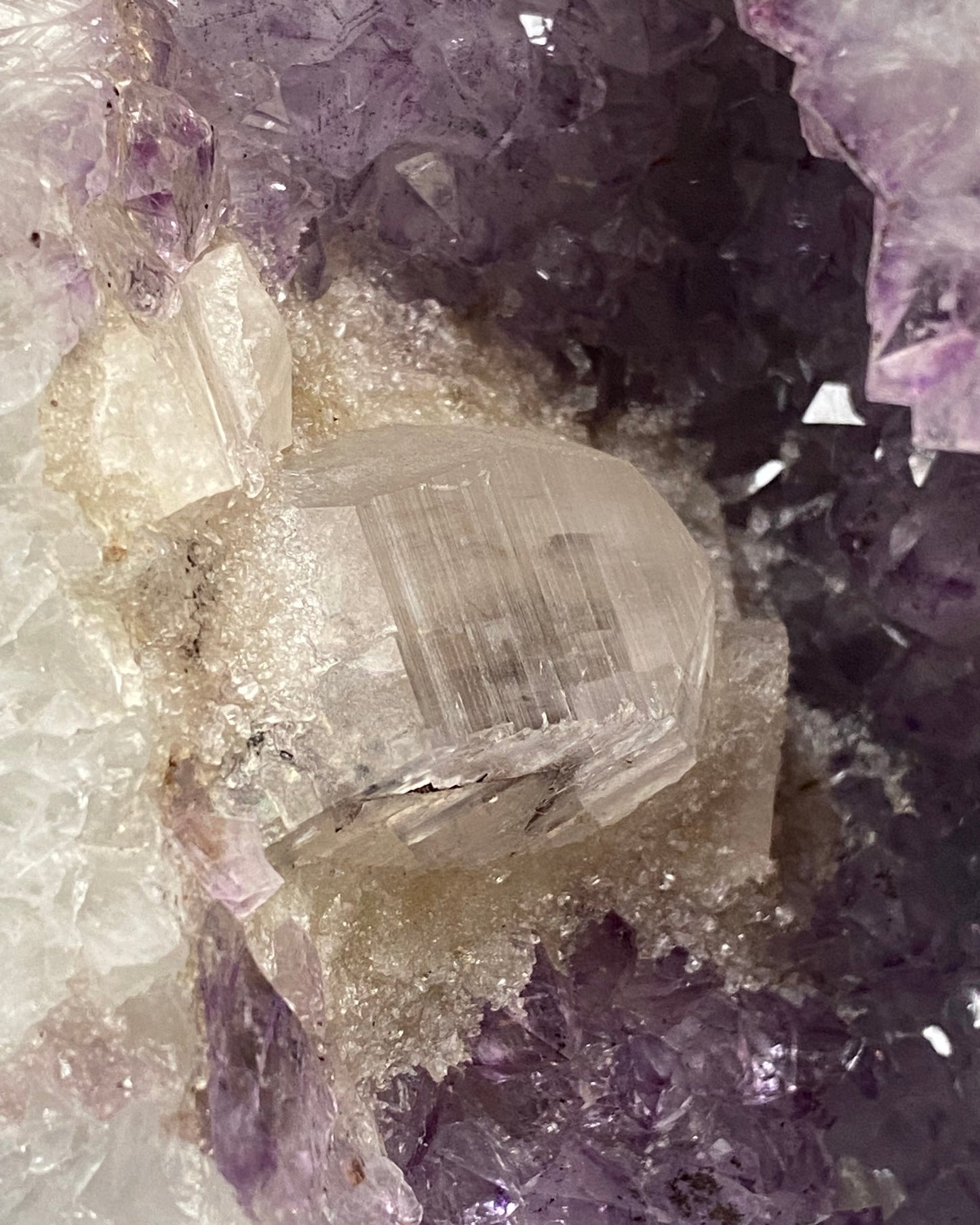 Collector’s Amethyst Cathedral With Huge Terminated Optical Calcite Formation- 10.2KG, Brazil