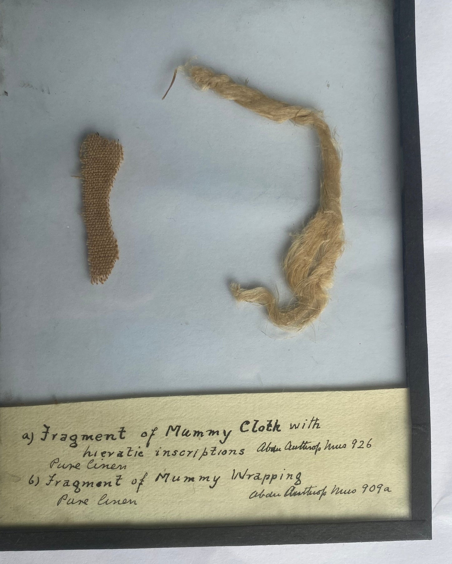 Ancient Egyptian Mummy Wrappings, one with hieratic inscriptions, with Early 20th-Century Museum Label and Glass Display - Ex Aberdeen Anthropology Museum (Former Grant Bey Coll.)