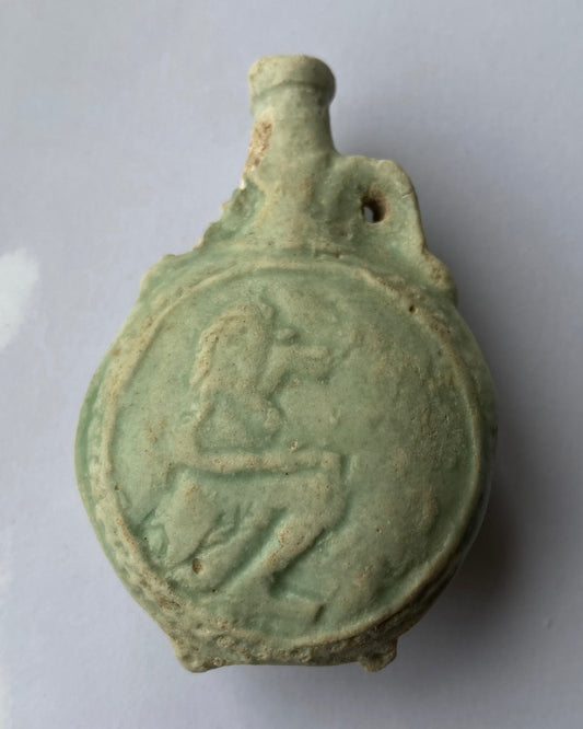 Ancient Egyptian Faience Flask Depicting Sekhmet & Lotus Flower Rosette - 26th Dynasty, c. 664–525 BC