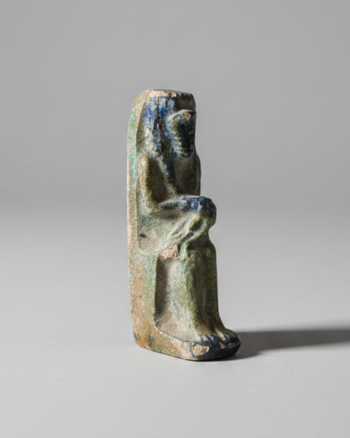 Ancient Egyptian Statuette of the Serpent Goddess Renenutet With Child (Nepri), Copper-Glazed Terracotta - Nile Valley, Egypt. Late Period-Ptolemaic Period, c.664- 30 BC