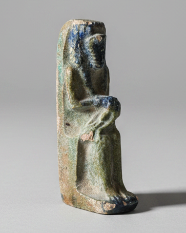 Ancient Egyptian Statuette of the Serpent Goddess Renenutet With Child (Nepri), Copper-Glazed Terracotta - Nile Valley, Egypt. Late Period-Ptolemaic Period, c.664- 30 BC