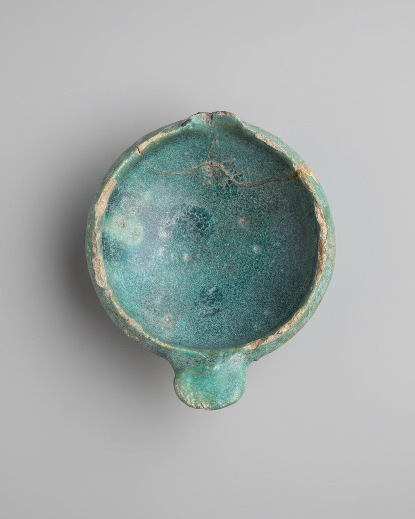 Early Islamic Open-Reservoir Oil Lamp, Turquoise Glazed Earthenware - Mesopotamia (Iraq) c. 750-900 AD