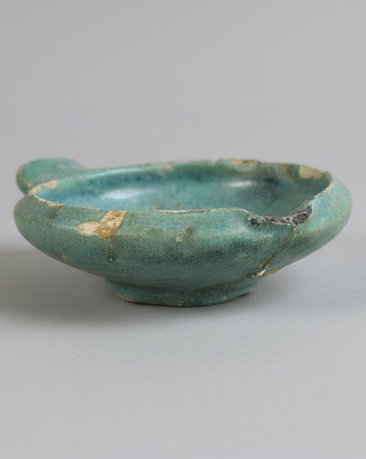 Early Islamic Open-Reservoir Oil Lamp, Turquoise Glazed Earthenware - Mesopotamia (Iraq) c. 750-900 AD