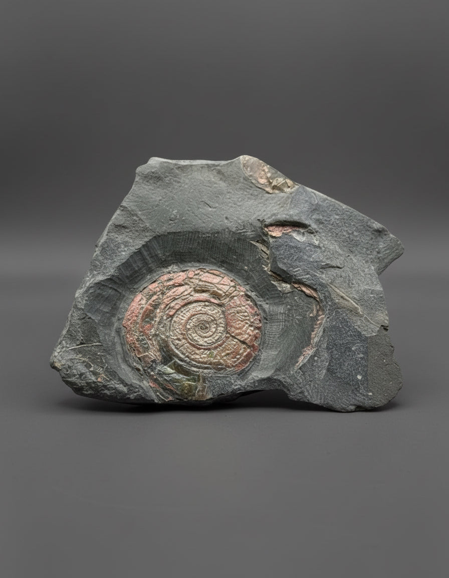 Iridescent Psiloceras Planorbis Ammonite on Matrix. Somerset Jurassic Coast, UK.