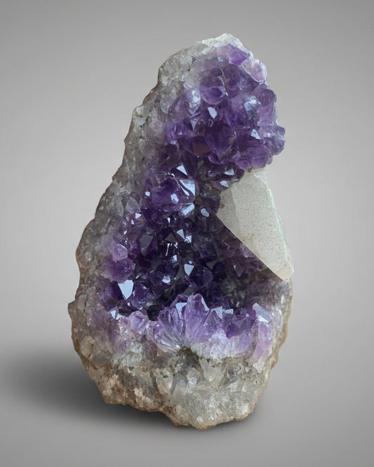 Deep Purple Amethyst Cluster With ‘Triceratops Horn’ Calcite Formation. Southern Brazil
