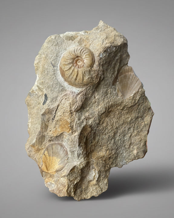 Ludwiga Ammonite with Two Pecten Bivalves on Limestone Matrix, Upper Jurassic, Burton Bradstock, Dorset, UK