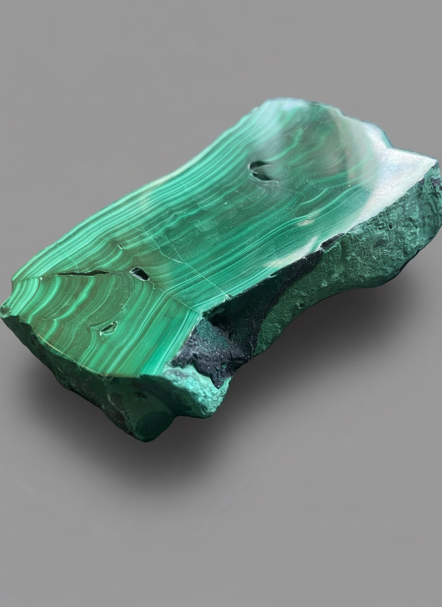 Polished Malachite Slab on black stand. Stunning natural patterns. DR Congo.