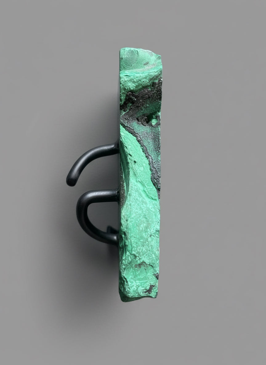 Polished Malachite Slab on black stand. Stunning natural patterns. DR Congo.