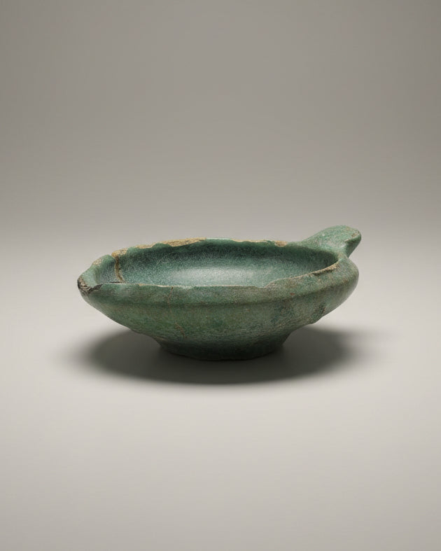 Early Islamic Open-Reservoir Oil Lamp, Turquoise Glazed Earthenware - Mesopotamia (Iraq) c. 750-900 AD