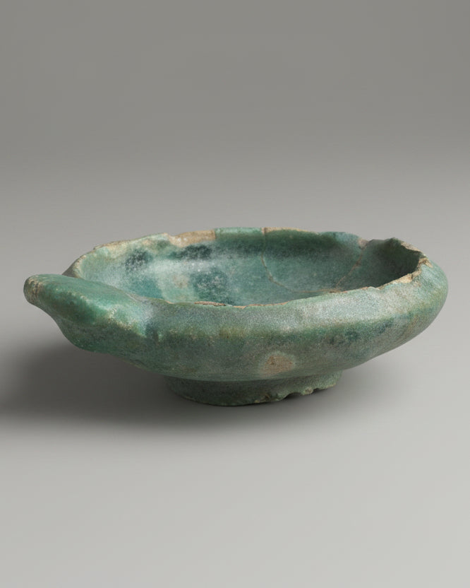 Early Islamic Open-Reservoir Oil Lamp, Turquoise Glazed Earthenware - Mesopotamia (Iraq) c. 750-900 AD