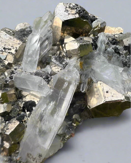 clear quartz cluster on octahedral and cubic pyrite- Unique collectors specimen