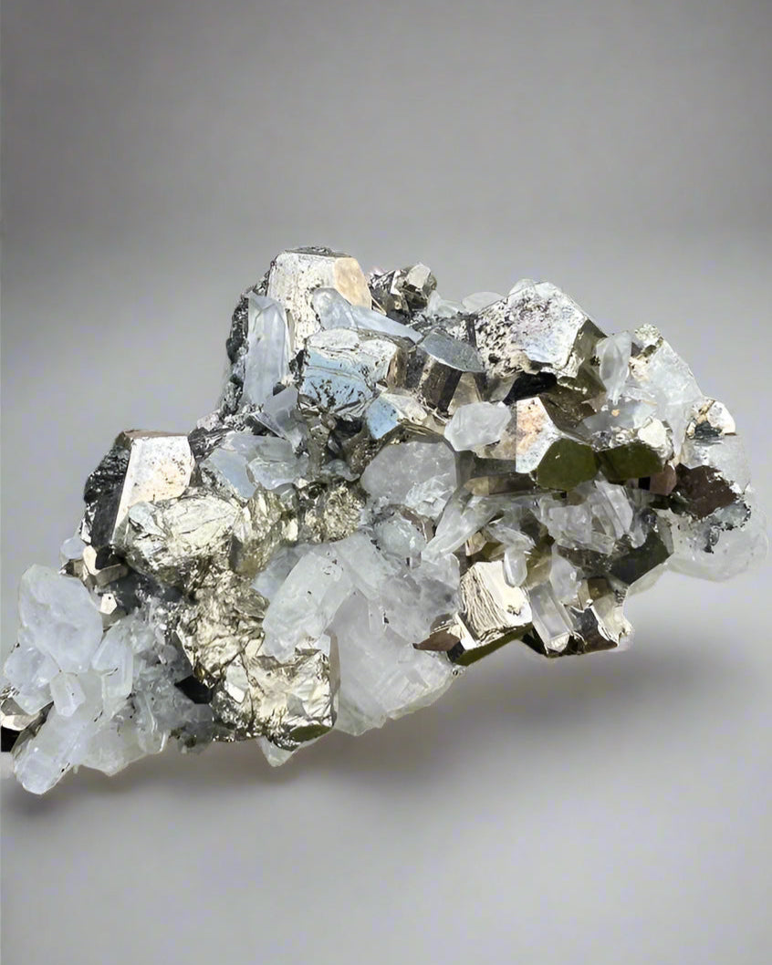 clear quartz cluster on octahedral and cubic pyrite- Unique collectors specimen