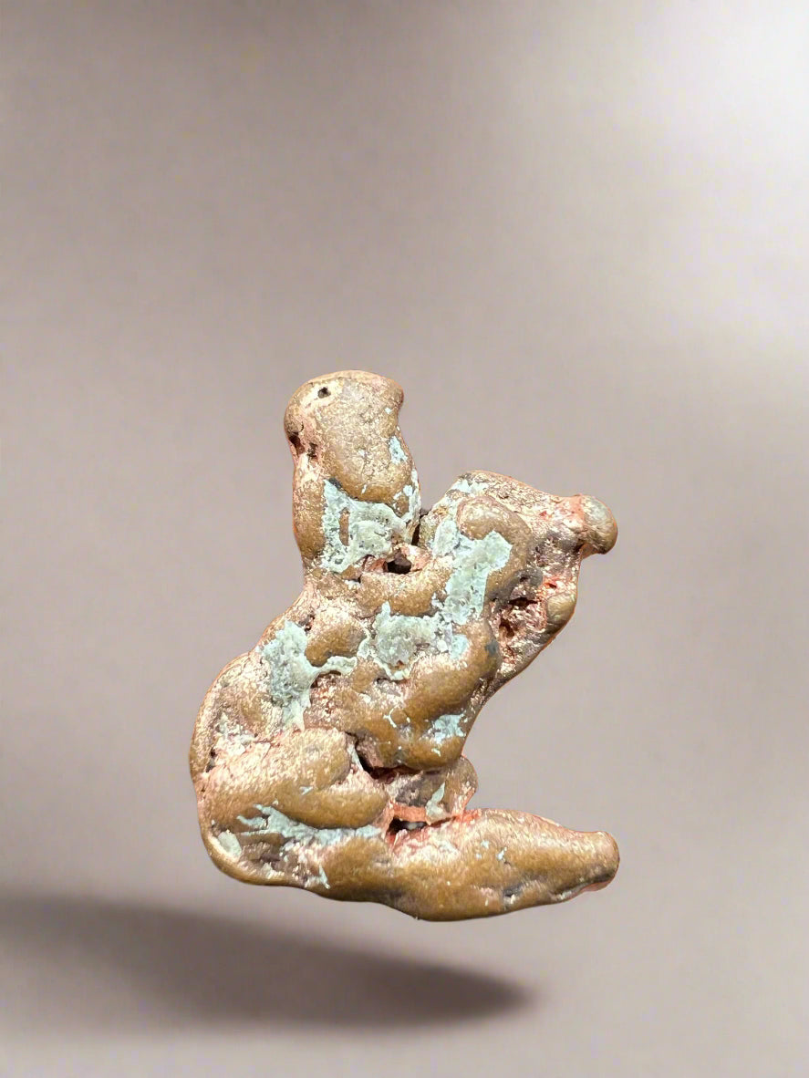 Native copper nugget- unusual shape and blue mineral inclusions