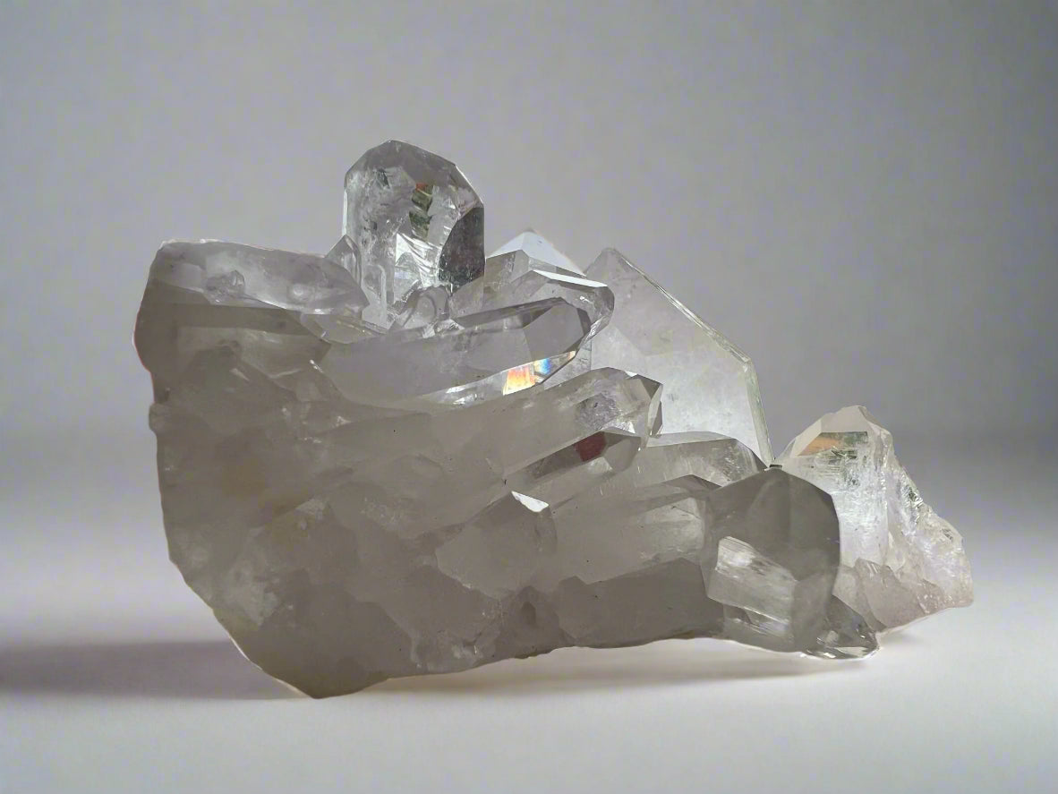 Clear quartz cluster formation with refractive inclusions. Brazil