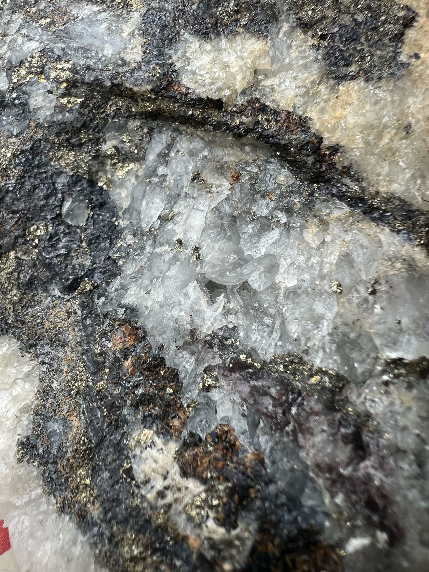 Druzy Cubic Pyrite on Opaque Quartz Cluster. Peru.