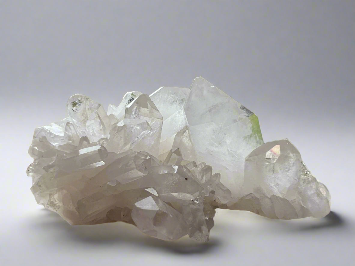 Clear quartz cluster formation with refractive inclusions. Brazil